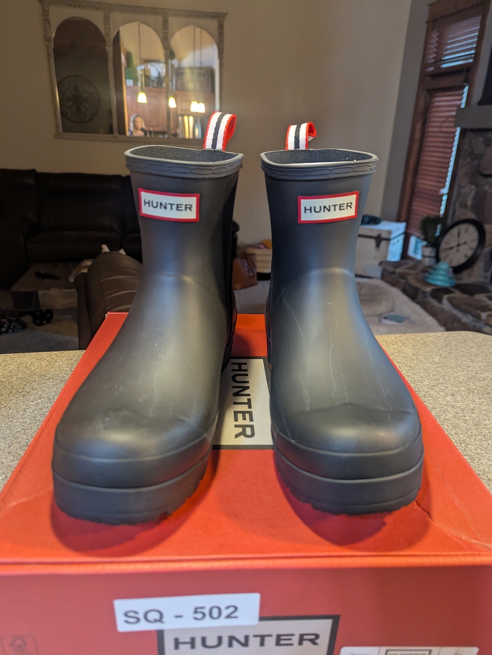 Hunter Black Short Rain Boots with Red-Trim Pull Tabs